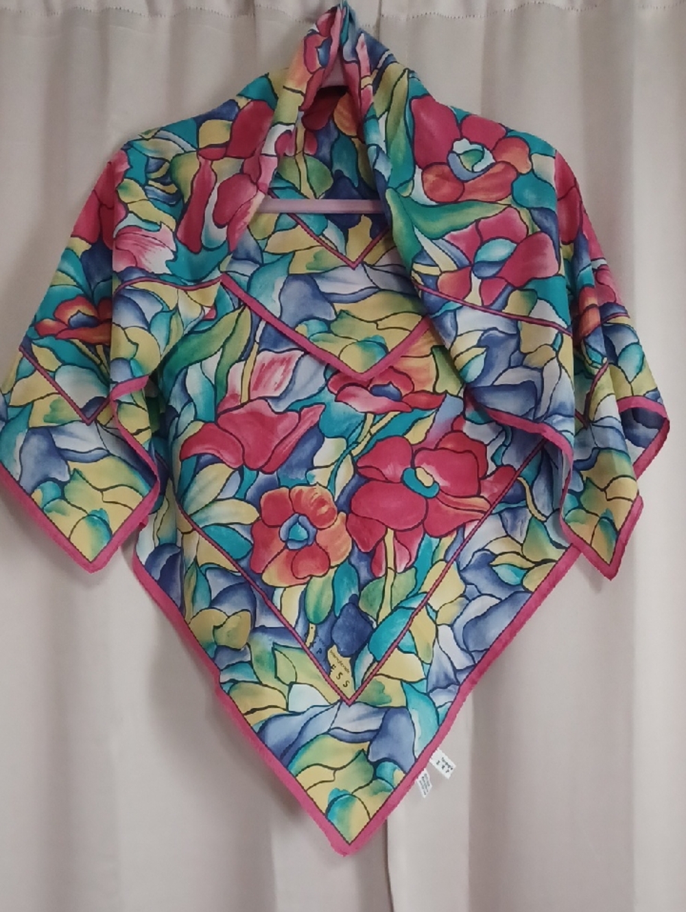 Silk Floral Stained Glass Style Square Scarf Appx 34×34